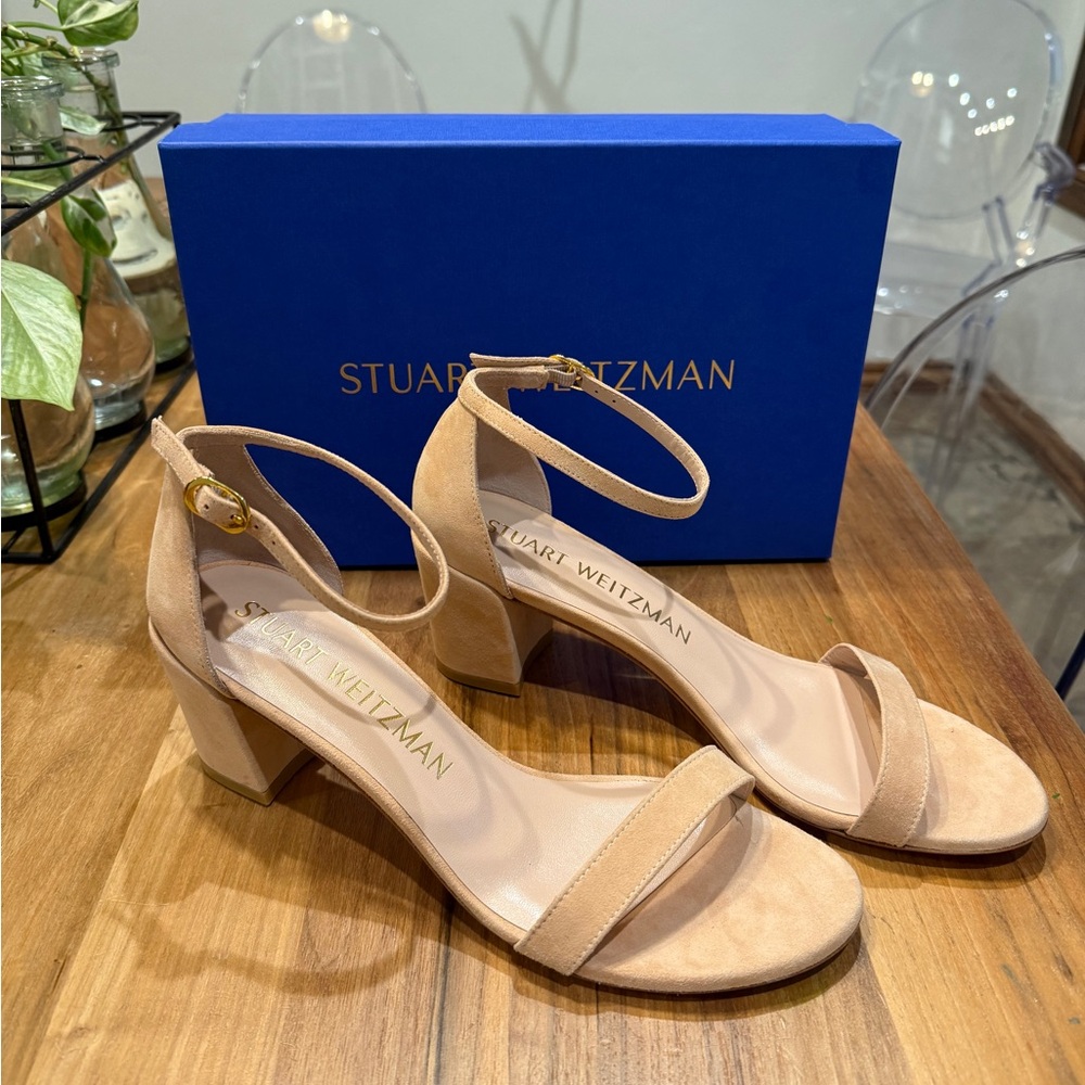 Stuart Weitzman Beige Block Heel Sandals - Simple Sue Suede